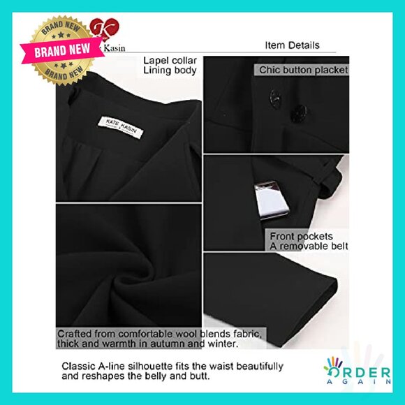 A-Line Peacoat Dress Coat Belted Notch Lapel Elegant Classic Trench - Picture 7 of 8